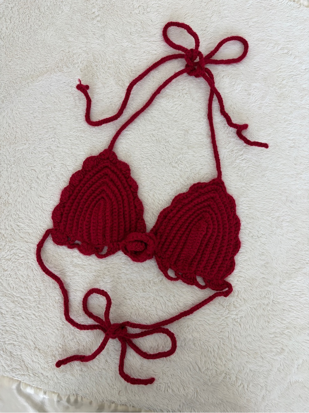 Handmade Red Crochet Bikini Ruffle Stitch Floral Top